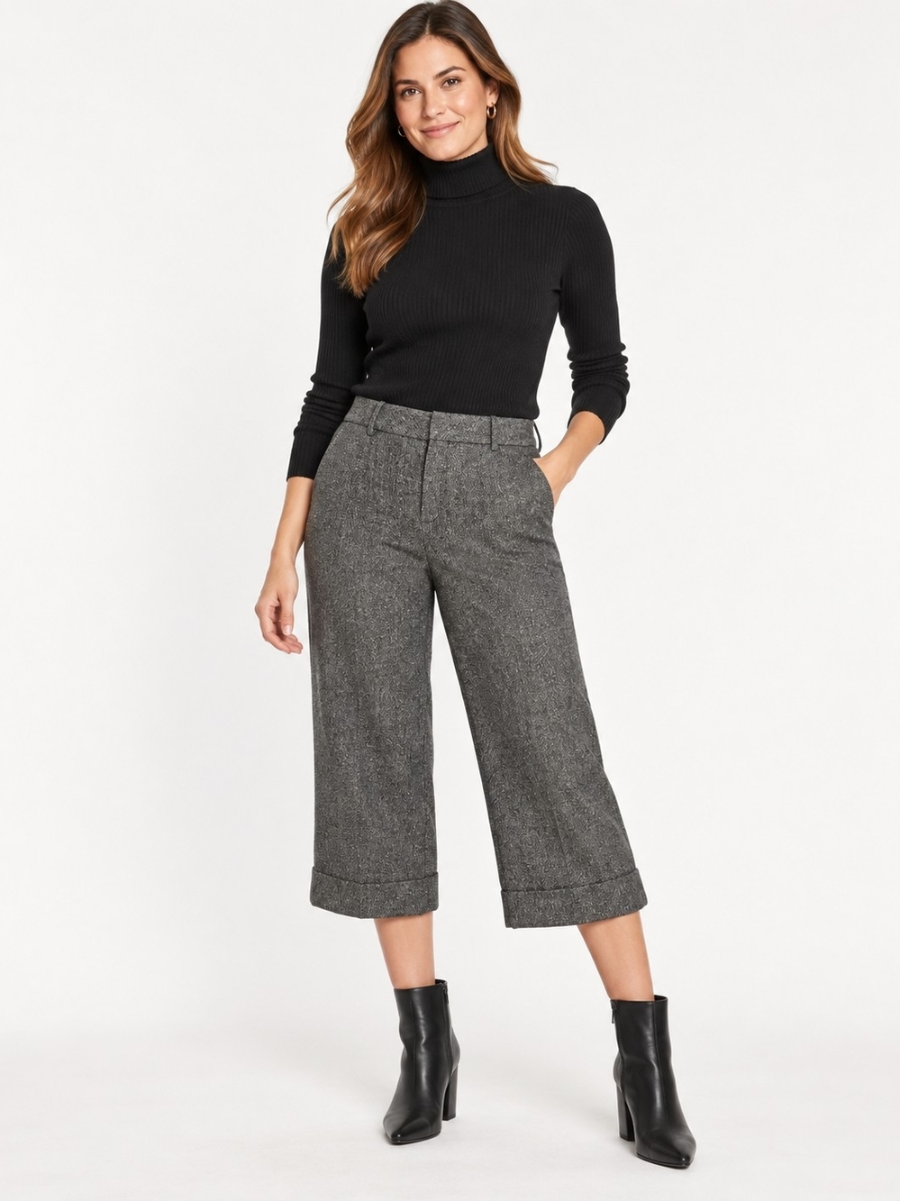 Rampage Size 9 Gray Tweed Cropped Capri Pants Wide Leg Cuffed Stretch